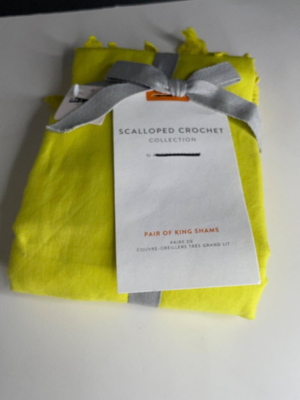 Anthropologie Lime Yellow Scalloped Crochet Pair King Shams Linen Cotton - Picture 5 of 6
